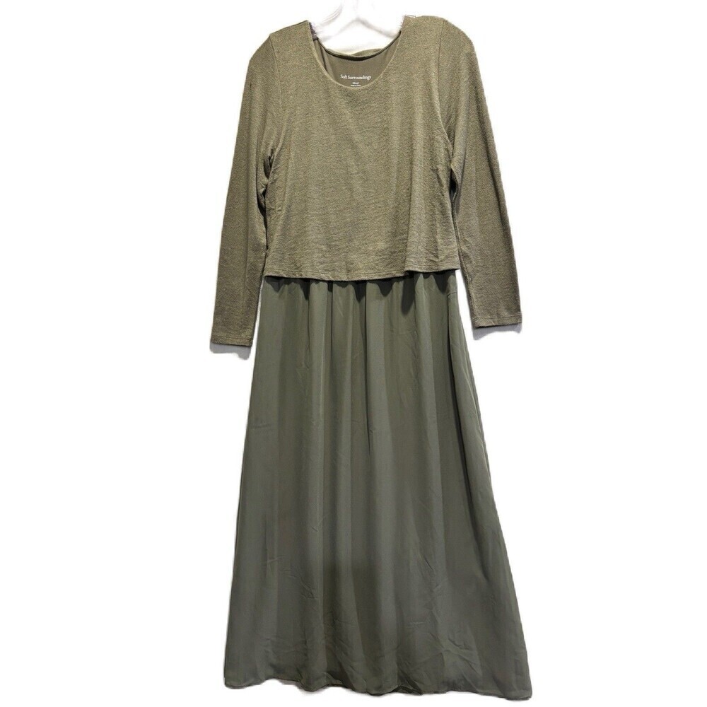 Soft Surroundings Women's XS Olive Green Cassie Layered Dress Lagenlook Boho